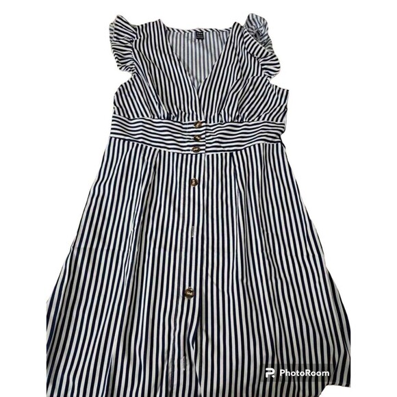 Women's Blue & White Frenchy Striped Print Button Front Butterfly Sleeve Short - Picture 4 of 5